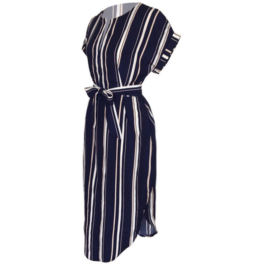 Navy & White Striped Short Sleeve O-Neck Midi - Picture 4 of 8